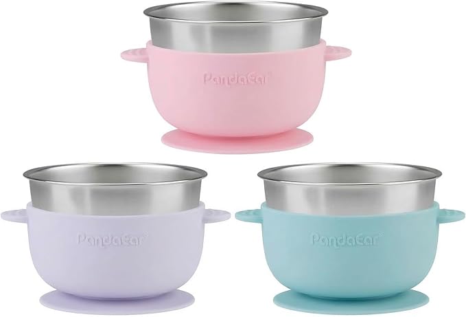 PandaEar 3 Pack Stainless Steel Suction Baby Bowls & 3 Silicone Baby Spoons | Non-Slip Stay Put Bowls & Anti-Choke First Stage Spoons for Toddlers, BPA-Free Baby Led Weaning Set