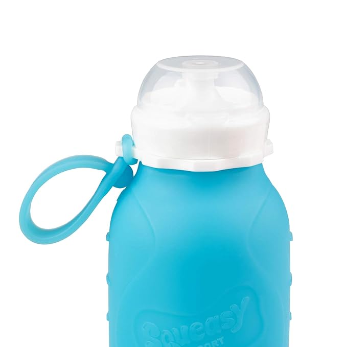 Blue 16 oz Squeasy Snacker Spill Proof Silicone Reusable Pouch - For Soft Foods & Liquids - Water, Apple Sauce, Yogurt, Smoothies, Baby Food - Dishwasher Safe