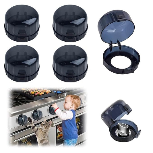 5-Pack Stove Knob Safety Covers, Childproof Gas Stove Knob Locks, Upgraded Dual-Press Design, Universal Fit for Most Stoves,Water/Oil Resistant, High Temperature Resistant (Black)
