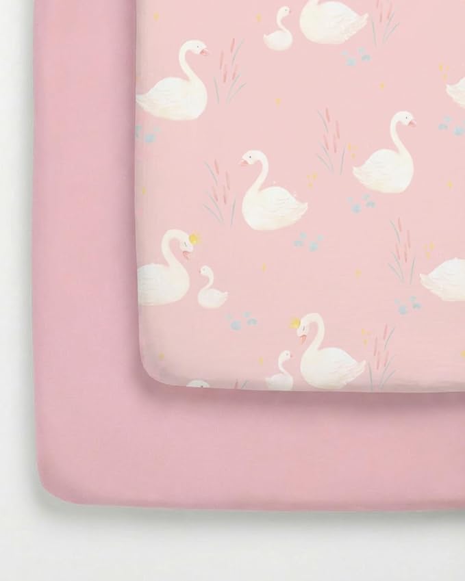 Pack and Play Sheets Fitted - 2 Pack Mini Crib Sheets for Pack N Play Mattress - Unisex Playard Microfiber Bedding for Boys & Girls - Soft, Breathable and Wrinkle Free - Oeko-Tex, 38 x 26in - Swans