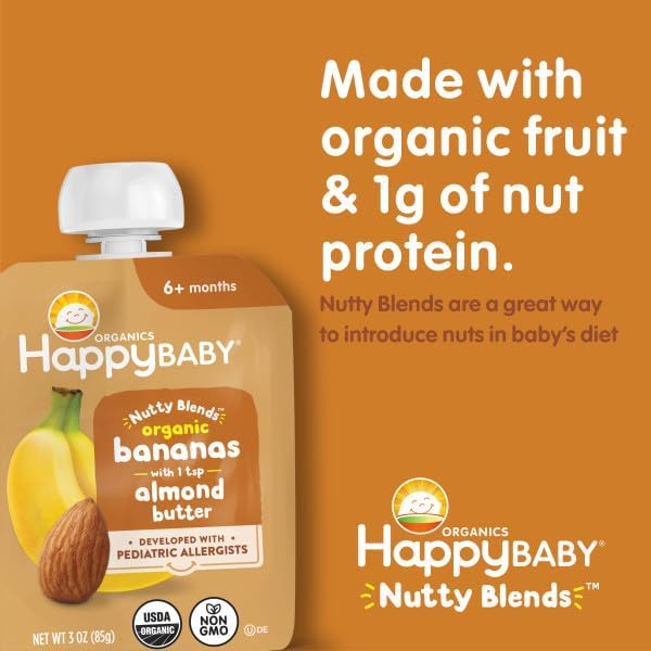 Happy Baby Organics Stage 2 Baby Food Pouches, Gluten Free, Vegan Snack, Nutty Blends, Bananas & Almond Butter, 3 Ounce (Pack of 12)