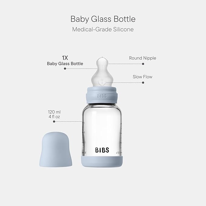 BIBS Baby Glass Bottle. 4 US fl oz / 120 ml. Anti-Colic. Vented Round Silicone Nipple. Supports Natural Breastfeeding, Slow Flow, Complete Set - Baby Blue