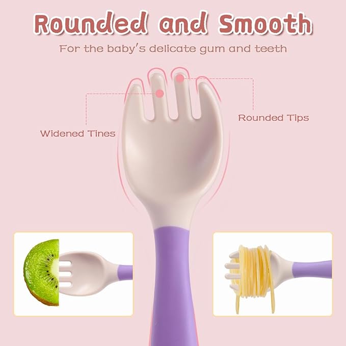 Baby Utensils Spoons and Forks Set, Bendable Toddler Flatware with Travel Case for Self-Feeding Training Utensils for Infants & Kids, Gum-Friendly Toddler Spoon and Fork (Pink+Purple, 2 Set)