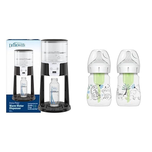 Dr. Brown's Insta-Prep Warm Water Dispenser to Instantly Prepare Baby’s Formula Bottle & Natural Flow® Anti-Colic Options+™ Wide-Neck Baby Bottle Designer Edition Bottles, Jungle Decos