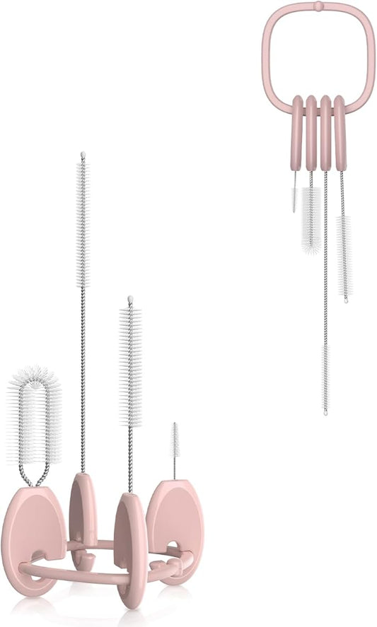 YOTIME 4 in 1 Straw Cleaner Brush Set, Reusable Standing Straw Brushes with Holder Ring, for Baby Bottles, Sippy Cups and Lids, Pink