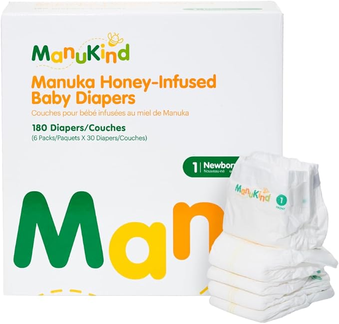 ManuKind Baby Diapers, Manuka Honey Infused, Ultra Soft, Plant-Based Materials, Quick-Dry Comfort, Leak Guard Protection, Size 1 – 180 Diapers (6 Packs of 30)