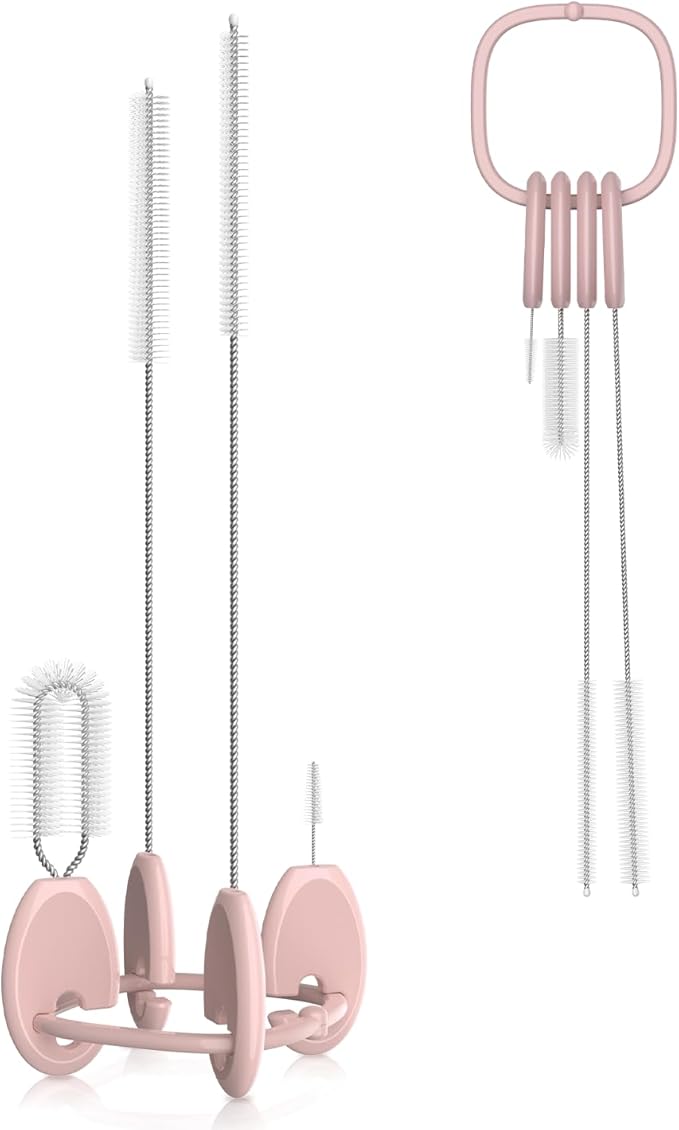 YOTIME 4in1 Straw Cleaner Brush Set, Reusable Standing Straw Brushs with Holder Ring, for Wide and Narrow Straws, Tumblers, Water Bottles and Cups, Pink