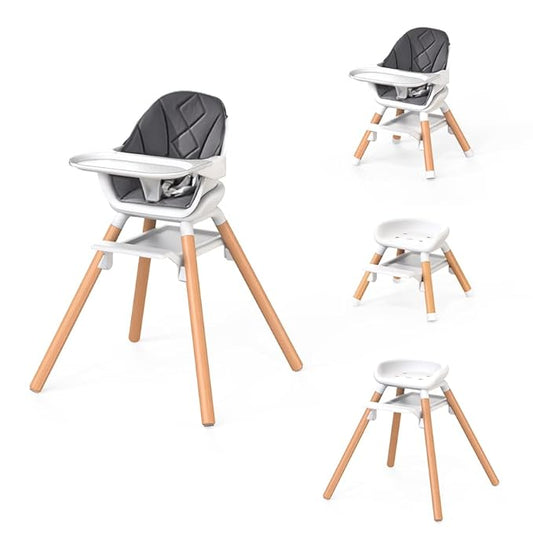 Baby High Chair, 6 in 1 Convertible High Chairs for Babies and Toddlers, Easy Clean Highchair with Removable Double Tray, 5-Point Harness, Reversible Footrest, Beech Wood Legs, Grey