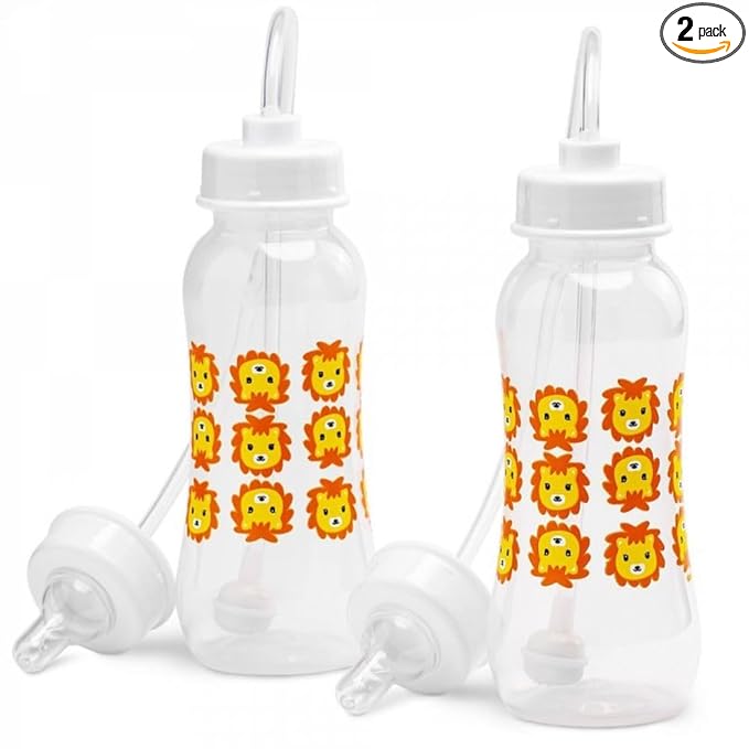 Hands-Free Baby Bottle - Anti-Colic Nursing System 9 oz Baby Bottle with Fast Flow Nipple/Teat 3m+ with Tube Straw Feeding System for Toddler (2 Bottles - Lion)