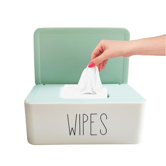 Baby Wipes Container, 7.28" L * 4.80" W * 2.75" H, Moorfowl Flushable Wipes Dispenser Holder for Bathroom Baby Essentials, Green Lid White Base