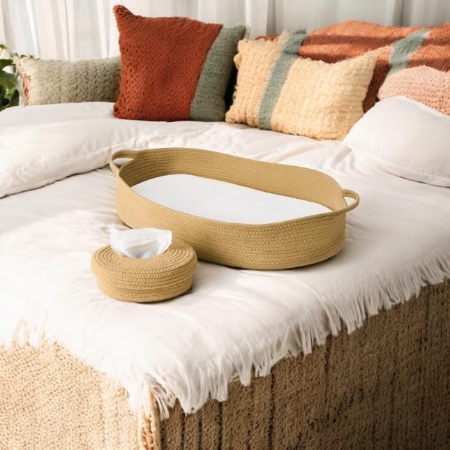 ECOADE Baby Changing Basket - Moses Basket Changing Table Topper and Thick Foam Pad with Removable Cotton Mattress Cover, 100% Cotton Boho Nursery Decor with Storage Bag