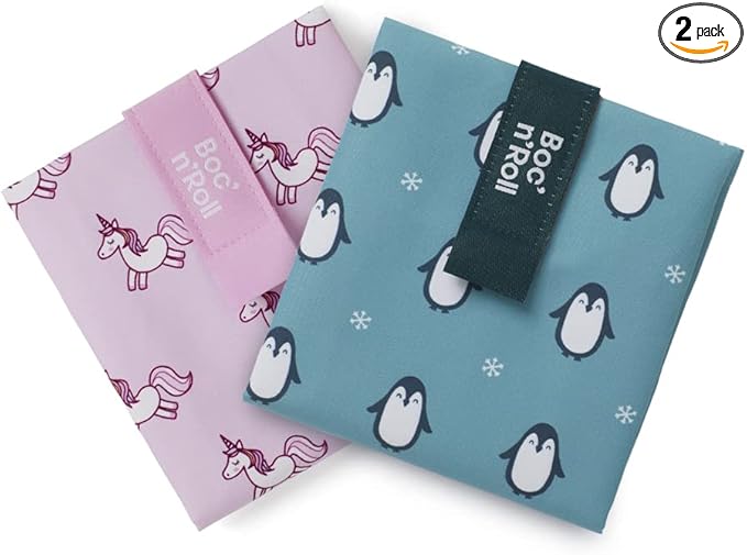 ROLL'EAT ® Boc'n'Roll Animals 2 Units Pack Unicorns and Penguin Design | Reusable Sandwich Bag | Sandwich Container | Eco Friendly Food Bag | Reusable and Washable Sandwich Wrap