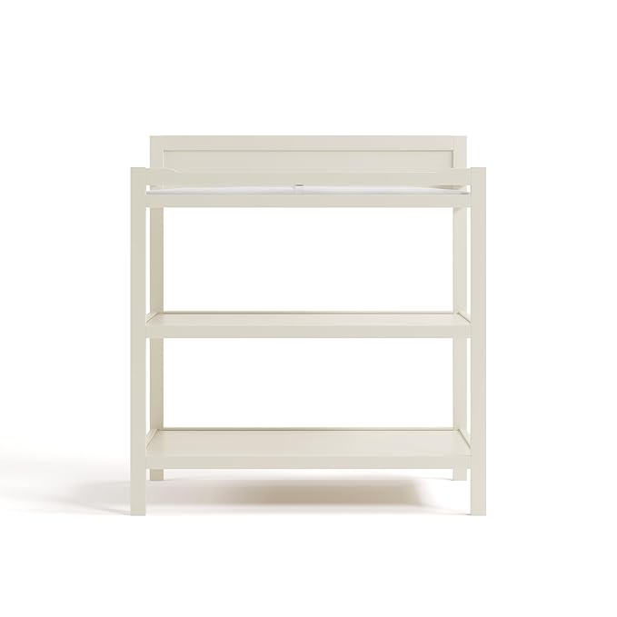 Storkcraft Alpine Changing Table (Frosted Oat) - Includes Water Resistant Changing Pad with Safety Strap, 2 Open Shelves for Storage