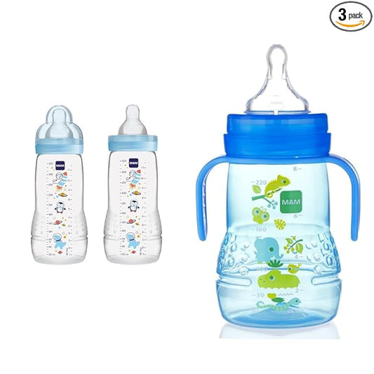 MAM Easy Active Baby Bottle, Switch Between Breast and to Clean, 4+ Months, Boy & Plastic Trainer Cup (1 Count), Trainer Drinking Cup with Extra-Soft Spout, Spill-Free Nipple, and Non-Slip
