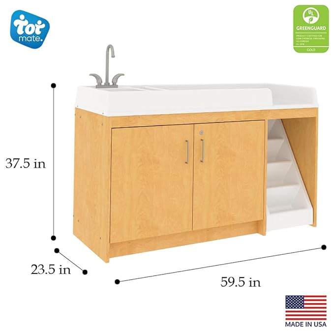 Tot Mate Toddler Diaper Changing Table with Stairs (Right) and Sink (Left) - Ideal Infant Changing Station for Home, Nursery, Daycare - 59-1/2" Wide, Assembled Baby Changer (Maple)