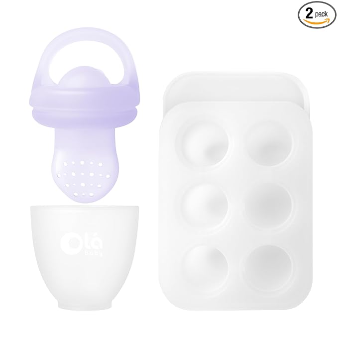 Olababy Silicone Food Feeder & Popsicle Set for Solid Food Introduction | Cooling Relief BPA Free Freezer Tray Combo for Fruit, Frozen Breastmilk, Puree, Smoothies for Infants, Babies