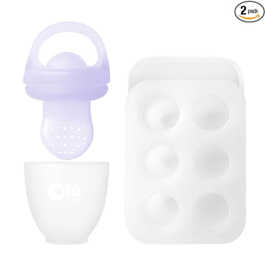 Olababy Silicone Food Feeder & Popsicle Set for Solid Food Introduction | Cooling Relief BPA Free Freezer Tray Combo for Fruit, Frozen Breastmilk, Puree, Smoothies for Infants, Babies