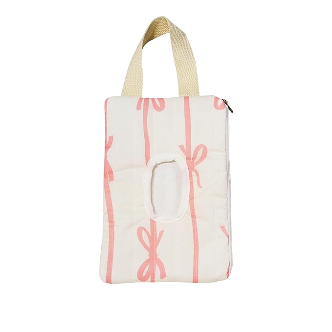 Reusable Bow Baby Wipes Dispenser - Portable Wet Tissue Storage Bag for Travel, Refillable Diaper Wipe Holder for Car and Stroller –Hanging Wet Wipe Pouch（Pink-White）
