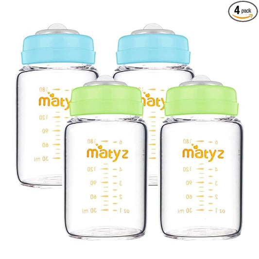 Matyz Glass Breastmilk Storage Containers, 4 Pack, 6 oz Bottle, Fit with Spectra Medela Avent Pump - Wide Mouth Breastmilk Collection and Storage Bottle with Lids - No BPA (2 Green & 2 Blue Lids)