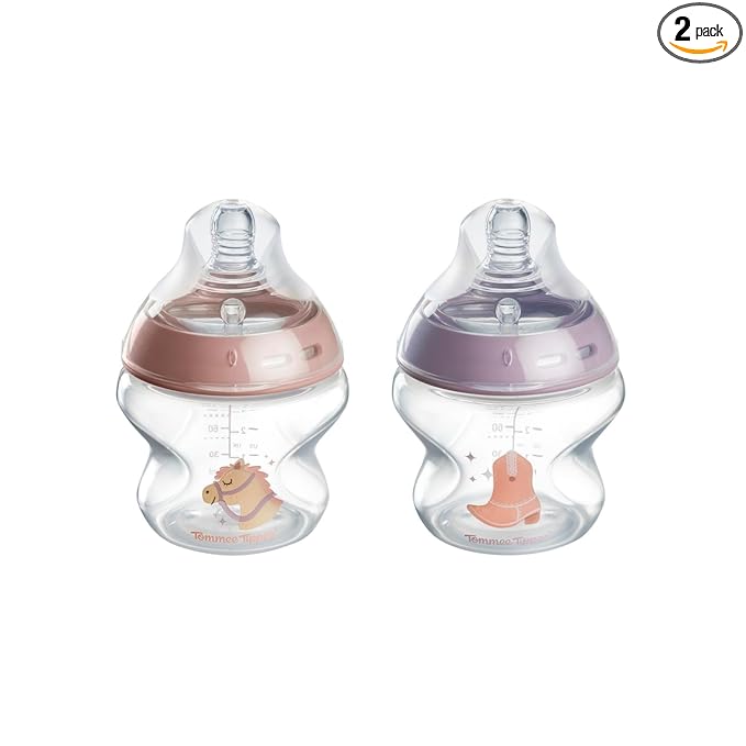 Tommee Tippee Natural Start Newborn Baby Bottles, 5 oz, with Slow Flow Breast-Like Nipples for A Natural Latch, Self-Sterilizing and BPA Free, Cowboy Theme, Pack of 2