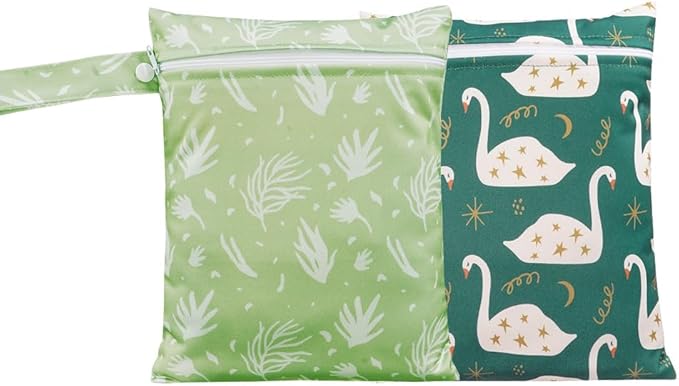 Wet Dry Bags for Baby Cloth Diapers - Waterproof Reusable Washable Travel Bags, Gym Bag, Pool, Daycare Soiled Baby Items Yoga Gym Bag for Swimsuits & Wet Clothes 2pcs/set 7x9.8 inch (Swan)