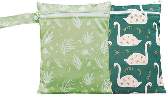 Wet Dry Bags for Baby Cloth Diapers - Waterproof Reusable Washable Travel Bags, Gym Bag, Pool, Daycare Soiled Baby Items Yoga Gym Bag for Swimsuits & Wet Clothes 2pcs/set 7x9.8 inch (Swan)