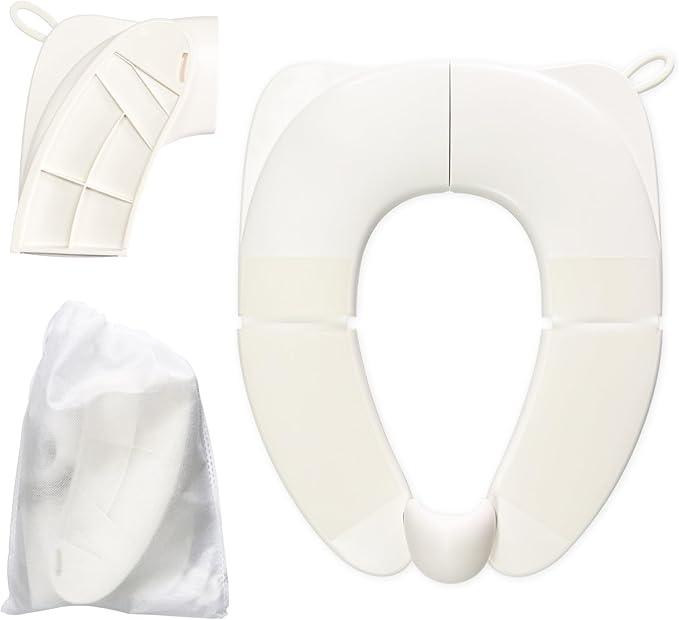 Kids Foldable Toilet Seat with Storage Bag - Training Urine Anti-Slip Toilet Seat Cover with Splash Guard for Children Toddlers, Portable & Travel-Friendly Easy Clean Universal Fit-White