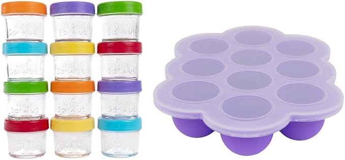 WeeSprout Baby Meal Prep Bundle - Glass Baby Food Storage Jars Containers with Plastic Lids & Silicone Freezer Tray - Microwave, Freezer & Dishwasher Safe - for Baby Food & Breast Milk
