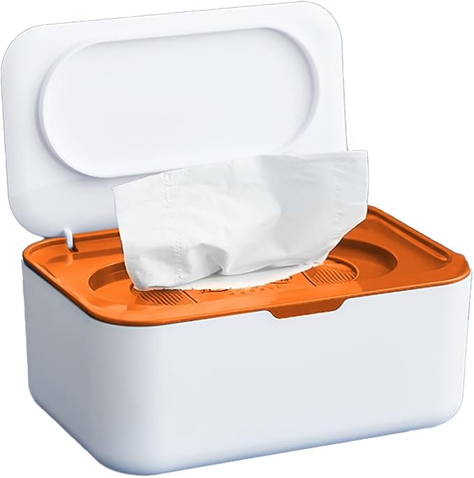 Wet Wipes Dispenser Box, Refillable Tissue Storage Case with Lid, Napkin Holder Container for Baby Wipes, Facial Tissues, Kitchen, Bathroom, Office, and Car Use, Keep Wipes Fresh and Clean (Orange)