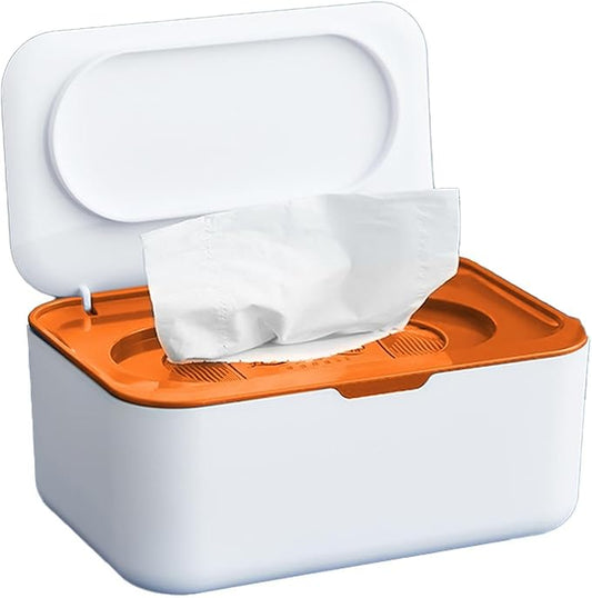 Wet Wipes Dispenser Box, Refillable Tissue Storage Case with Lid, Napkin Holder Container for Baby Wipes, Facial Tissues, Kitchen, Bathroom, Office, and Car Use, Keep Wipes Fresh and Clean (Orange)
