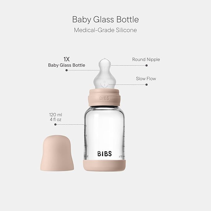 BIBS Baby Glass Bottle. 4 US fl oz / 120 ml. Anti-Colic. Vented Silicone Nipple. Supports Natural Breastfeeding, Slow Flow, Complete Set - Blush