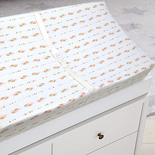 TL Care Printed 100% Cotton Knit Fitted Contoured Changing Table Pad Cover - Compatible with Mika Micky Bassinet, Sparkle Gold/Pink Feathers, for Girls