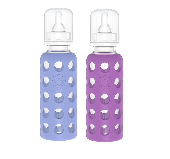 Lifefactory Glass Baby Bottle BPA Free | Protective Silicone Sleeve | 9 oz Pack of 2 | Blueberry, Grape