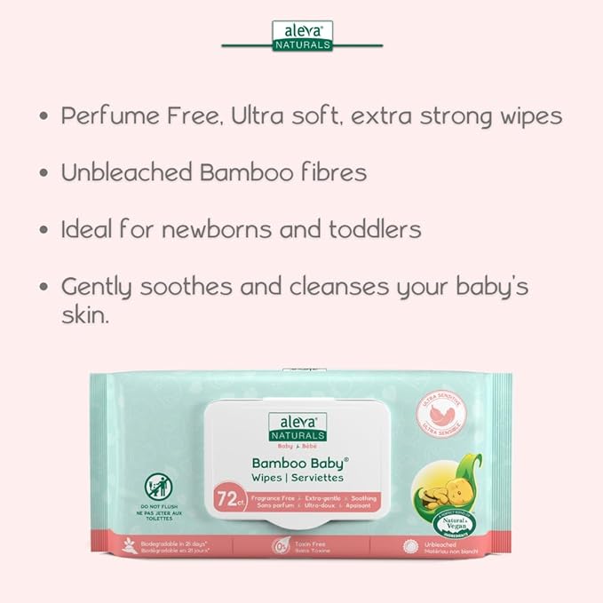 Aleva Naturals Bamboo Baby Sensitive Wipes | Unscented | Extra Strong and Ultra Soft | Natural and Organic Ingredients | Certified Vegan | 6 packs of 72ct - Total of 432ct