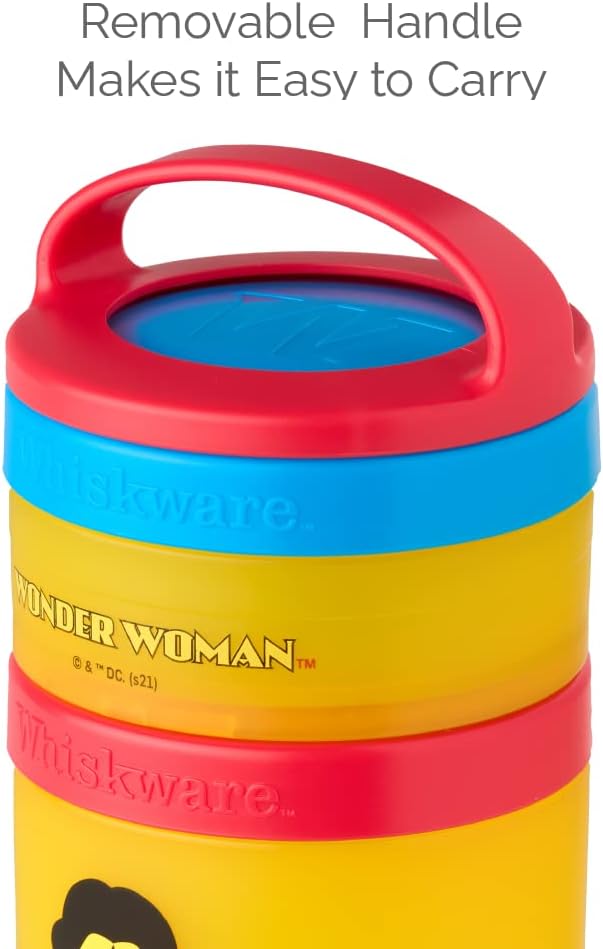 Whiskware Justice League Stackable Snack Containers for Kids and Toddlers, 3 Stackable Snack Cups for School or Travel, Wonder Woman (Pack of 1)