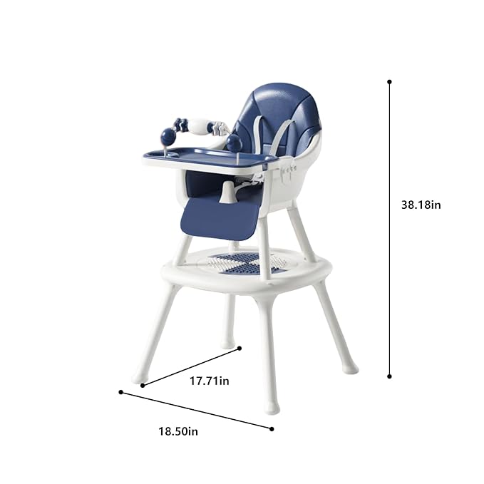 Convertible 4-in-1 Baby High Chair with Block Table, Infant to Toddler Feeding Chair with Play Tray & Built-in Toys, Removable PU Cushion, Easy to Clean Dining & Activity Chair–Blue