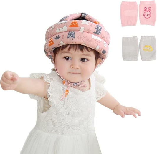 Baby Head Protector Infant Toddlers Safety Helmet Hat for Walking Crawling Bumper Hat Head Protective Cushion Baby Headguard Bonnet with 2 Pairs Knees Pads Lightweight Breathable Adjustable