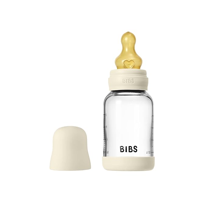 BIBS Baby Glass Bottle. 4 US fl oz / 120 ml. Anti-Colic. Vented Round Natural Rubber Latex Nipple. Supports Natural Breastfeeding, Slow Flow, Complete Set - Ivory