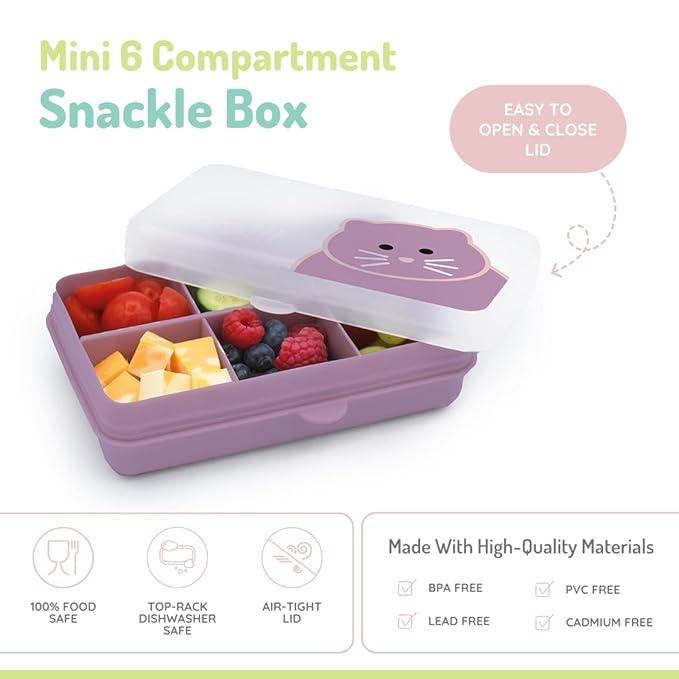melii Snackle Box | 6-Compartment Divided Snack Container, BPA-Free Food Storage with Removable Dividers for School, Travel & On-the-Go Snacking Purple Cat