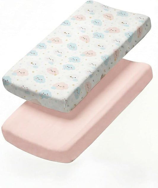 Changing Pad Cover - Pack of 2 Soft Unisex Diaper Change Microfiber Table Sheets - Fits 32"x16" Contoured Pad - Changing Pad Cover for Baby Boys and Girls - Machine Washable - Oeko-Tex, Happy Clouds