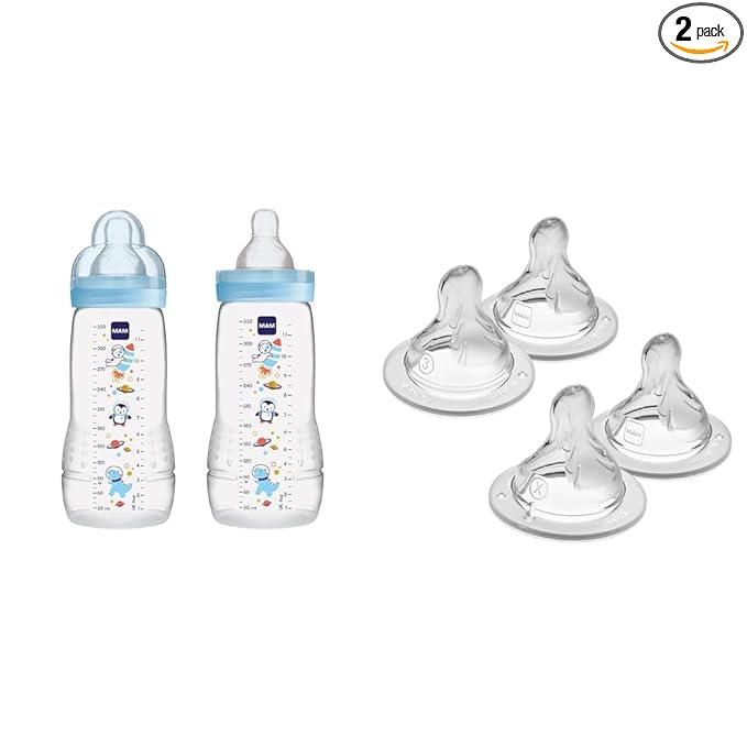 MAM Easy Active Baby Bottle - Switch Between Breast and Clean, 4+ Months, Boy & Bottle Nipples Mixed Pack - Fast Flow Level 3 and Extra Fast Flow Level 4