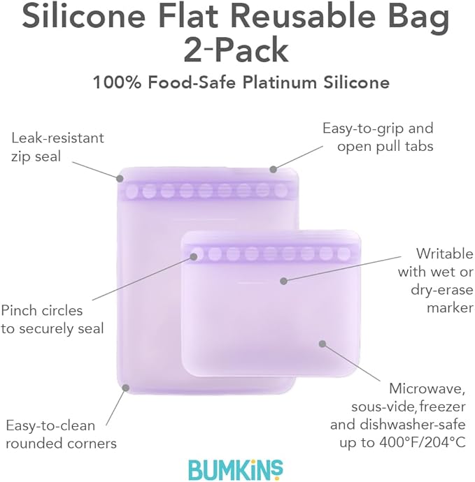Bumkins - Silicone Snack & Sandwich Bags - For Storage, Food Prep, Lunch Bag - Reusable, Leak Resistant, Washable, Microwave, Freezer & Dishwasher Safe - 2 pack - Purple