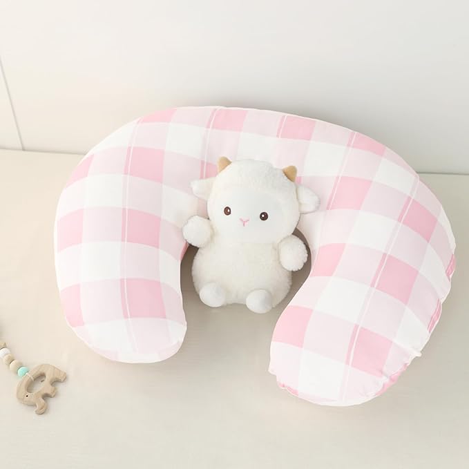 DILIMI Nursing Pillow Cover, Stretchy Removable Case for Breastfeeding Pillows, Ultra Soft Comfortable Slipcover for Baby Girl and Boy, Pink Checkered