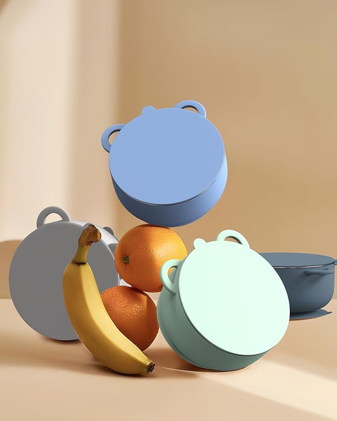 Bakpoco Baby Suction Bowls with Lids 4-Pack, 2-in-1 Stainless Steel 304 Toddler Bowl & Removable Silicone Suction Kids Bowl Plate Set Non Toxic Snack Dishes for Self-Feeding, Ocean Explorer Set