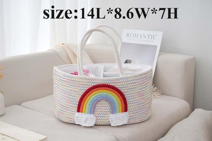 Diaper Caddy Organizer for Changing Table, Cotton Rope Baby Storage Basket for Diaper Wipes, Car Caddy Organizer, Nursery Diaper Organizer With Divider, Portable Diaper Storage -Rainbow