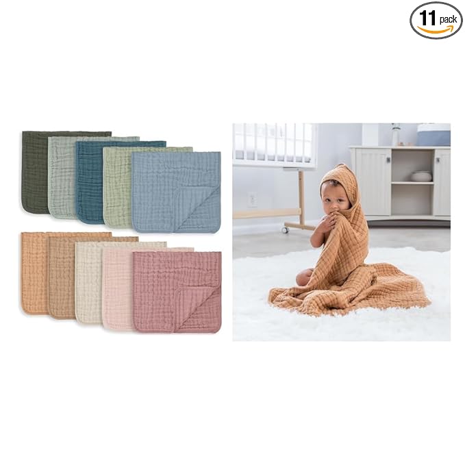 Comfy Cubs Muslin Burp Cloths and Baby Hooded 9 Layer Muslin Cotton Towel for Kids Bundled