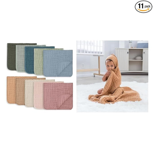 Comfy Cubs Muslin Burp Cloths and Baby Hooded 9 Layer Muslin Cotton Towel for Kids Bundled