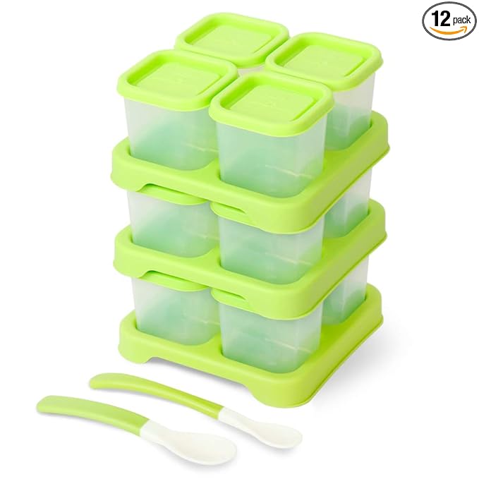 Matyz 12-Pack Plastic Food Storage Containers With Lids Airtight Freezer Safe (Green, 4 OZ Each) - Baby Food Freezer Trays With Lids Baby Cubes Food Storage - Stackable Baby Food Storage Containers