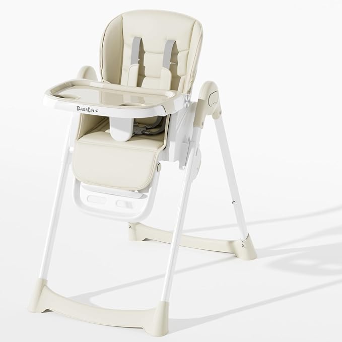 Babilous High Chair, Foldable High Chairs for Babies and Toddlers with Removable Tray, Height Adjustable Feeding Chair, Adjustable Backrest and Footrest, Beige