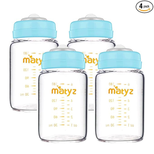 Matyz 4-PACK Wide Mouth Glass Breast Milk Storage Containers With Lids (Blue, 6 Oz Each) - Glass Freezer Safe Breastmilk Storage Bottles - Breast Pump Accessories For Medela Spectra Avent Breast Pumps